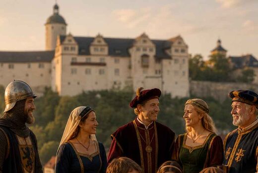 Ritter und Burgfrauen in historischen Gewändern vor der Burg Ranis beim Mittelalterfest der Riffritter