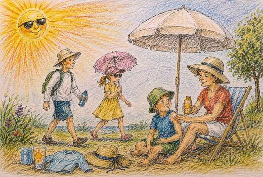 Familie am Strand schützt sich mit Sonnencreme, Hüten und Sonnenschirm vor starker Sonne