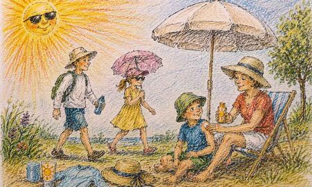 Familie am Strand schützt sich mit Sonnencreme, Hüten und Sonnenschirm vor starker Sonne