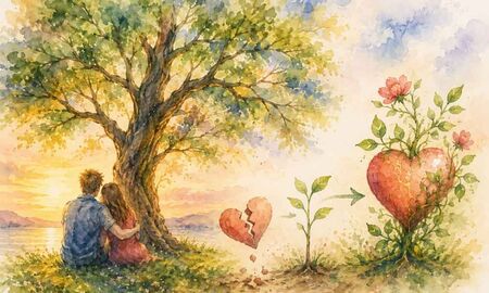 Aquarellzeichnung: Ein Paar sitzt umarmt unter einem Baum an einem See bei Sonnenuntergang. Daneben liegt ein zerbrochenes Herz, aus dem eine Pflanze wächst und sich zu einem großen, blühenden Herzstrauch entwickelt – Symbol für Liebe, die durch dick und