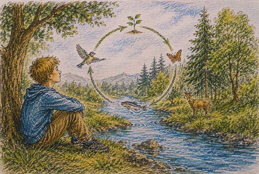 Junge beobachtet am Fluss den Kreislauf der Natur mit Vogel, Schmetterling, Fisch und Reh