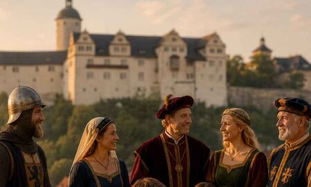 Ritter und Burgfrauen in historischen Gewändern vor der Burg Ranis beim Mittelalterfest der Riffritter