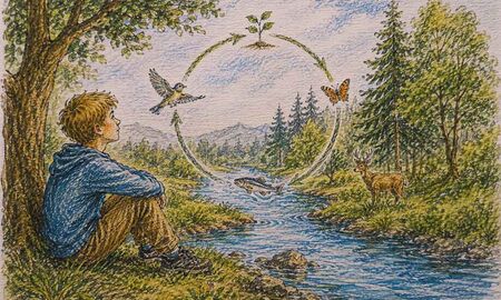 Junge beobachtet am Fluss den Kreislauf der Natur mit Vogel, Schmetterling, Fisch und Reh