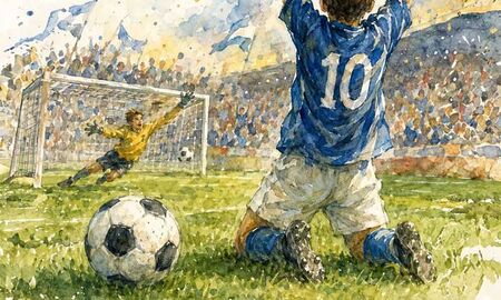 Aquarellzeichnung: Ein Fußballspieler im blauen Trikot mit der Nummer 10 kniet jubelnd nach einem Torschuss, der Torwart im gelben Trikot hechtet vergeblich, im Hintergrund jubelt das Publikum im Stadion.
