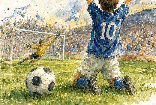 Aquarellzeichnung: Ein Fußballspieler im blauen Trikot mit der Nummer 10 kniet jubelnd nach einem Torschuss, der Torwart im gelben Trikot hechtet vergeblich, im Hintergrund jubelt das Publikum im Stadion.